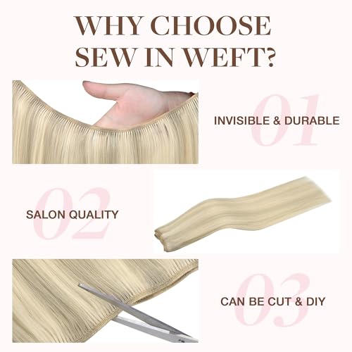 Image of GOO GOO Sew in Hair Extensions Real Human Hair, Weft Hair Extensions Human Hair, 17A /60A Ash Blonde Highlighted Platinum Blonde 20inch 130g, Weft Bundles Straight Silky Remy Hair