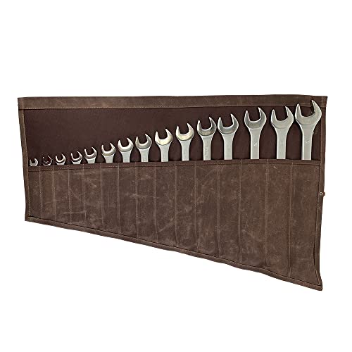 Hide & Drink, Large Wrench Tool Roll with 15 Pockets, Portable Pouch, Rectangular Case, Storage for Craftsmen, Waxed Canvas, Handmade, Honey Bourbon