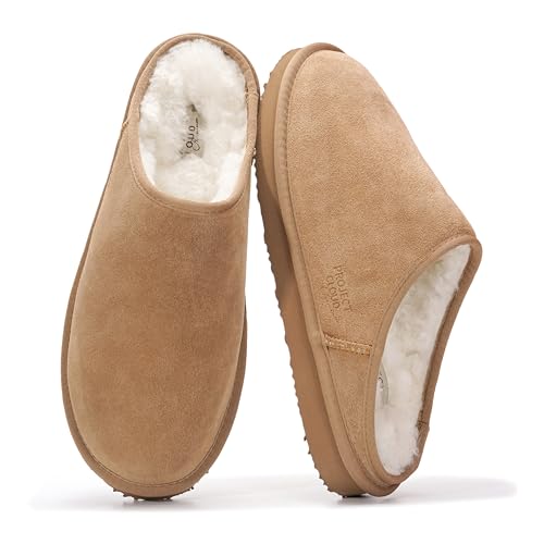 Project Cloud Mens Slippers 100% Genuine Leather and Genuine Shearling Lining House Slippers for Men with Memory Foam Insole Lightweight & Non Slip Mens House Shoes (Chill CHSTNUTSUEDE 8.5)