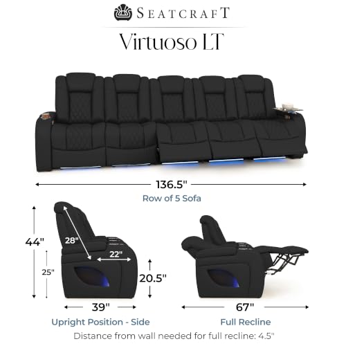 Image of Seatcraft Virtuoso LT Black Italian Leather Home Theater Seating, Zero Gravity Power Recliner, Powered Headrest and Lumbar Gaming and Home Office Chair, Heat and Massage Lounge Sofa, Row of 5 Sofa