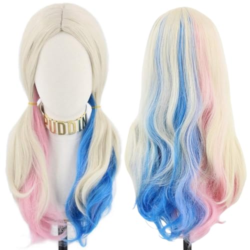 Topcosplay Lang Cosplay Perücke Lockig Damen mit Perücke-Kappe Blond Blau Rosa Perücken für Karneval Halloween Fasching Kostüme Party