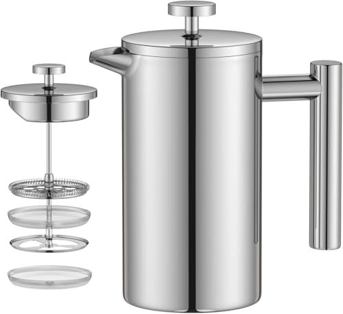 Wrobic Kleine French Press Kaffeebereiter 350ml- Doppelwandig isolierte Edelstahl-Kaffeepresse für Büro, Reisen und Camping - Spülmaschinengeeignet, 1-2 Tasse, Silber