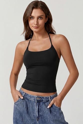 QINSEN Women's Halter Neck Sleeveless Crop Tank Tops Double Lined Soft Stretch Basic Shirts Black XS by QINSEN - Used condition - Image 6