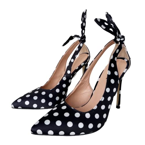 Frankie Hsu Sexy Cute Vintage Classic Stiletto High Heeled Pumps, Black Satin Polka Dots Bow Knot Fashion Vacation Style, Big Large US4-14 Size Slingback Dressy Spike Shoes for Women Men