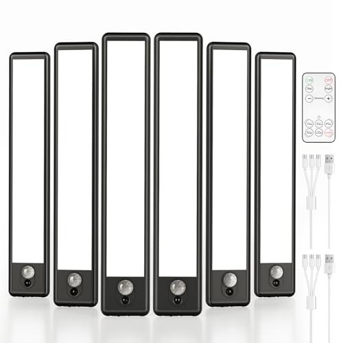 Image of EZVALO 6-Pack Under Cabinet Lighting, 1600mAh Motion Sensor Light, Black LED Closet Lights Wireless, 6500K Dimmable, Timer, Magnetic, with Remote Control for Kitchen, Closet, Stair