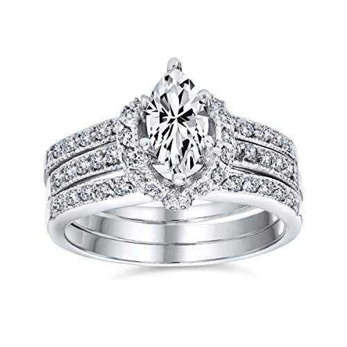 Personalize Vintage Art Deco Style 5-3 CT Cubic Zircoinia Brilliant Cut Round Solitaire Marquise Oval AAA CZ Inset Guard Enhancers Anniversary Engagement Ring Wedding Band Set .925 Sterling Silver