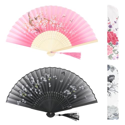 Eventail Japonais, Weflay 2 PCS Éventails en Bambou avec Pampille Eventail Pliable avec 2 Sacs de Rangement...