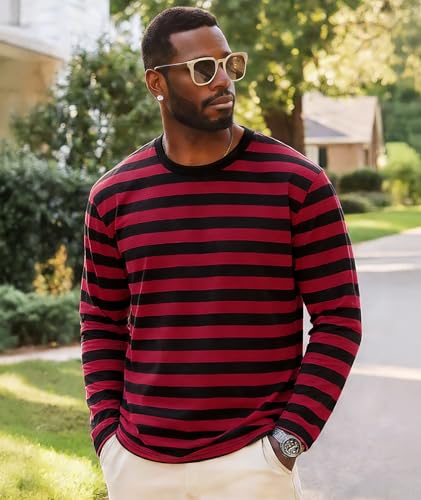Image of KESIHAN Mens Striped Long Sleeve Shirt Crewneck Casual T-Shirt Basic Stripe Cotton Spandex tee Shirt