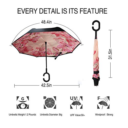 Image of MRTLLOA Double Layer Inverted Umbrella with C-Shaped Handle, Anti-UV Waterproof Windproof Straight Umbrella for Car Rain Outdoor Use (N-Peach Blossom)