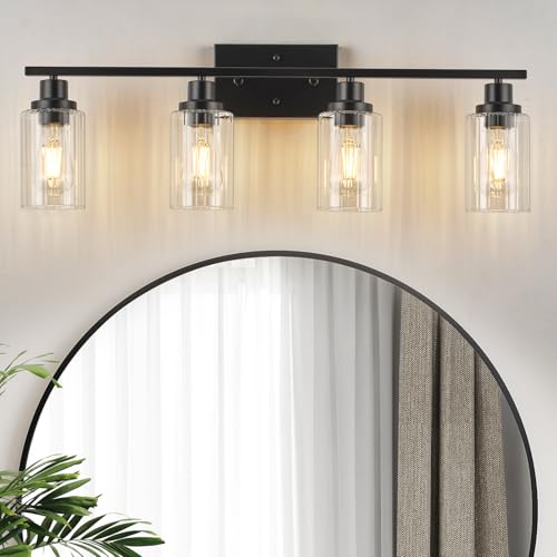 Image of Jonsi Modern Black Bathroom Light Fixtures, 4-Light Modern Black Vanity Light, Bathroom Vanity Light with Stripe Glass Shade, E26 Wall Sconces Over Mirror for Bathroom, Living Room, Hallway