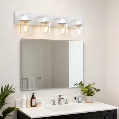 Image of IZORRO Bathroom Light Fixture White, Clear Glass Shade 30-Inch 4-Light | Bathroom Light Fixtures Over Mirror, Modern Farmhouse Vanity Lights, Rustic Restroom Lighting Fixtures