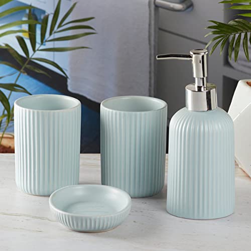 Image of SaSaSa Ceramic Bathroom Accessories Set of 4 Modern Bath Set with Soap Dispenser & Toothbrush Holder, Luxury Home & Gift Idea, Blue (9630)