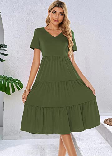 Image of Berydress Women's Casual Summer Tiered Midi Dress 2026 V Neck Boho Sundress | Short Sleeve Dresses for Women, Loose Ruffle Babydoll Style, Cotton Blend Fabric, for Church, Going Out, Beach Vacation