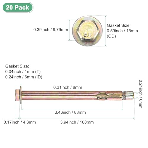 Image of M METERXITY 20-Pack Hex Expansion Bolt, M6x100mm Colored Galvanized Iron-Carbon Steel External Hex Expansion Bolts, Anti-Corrosion Metal Bolt for Concrete /Dry Brick /Block Walls