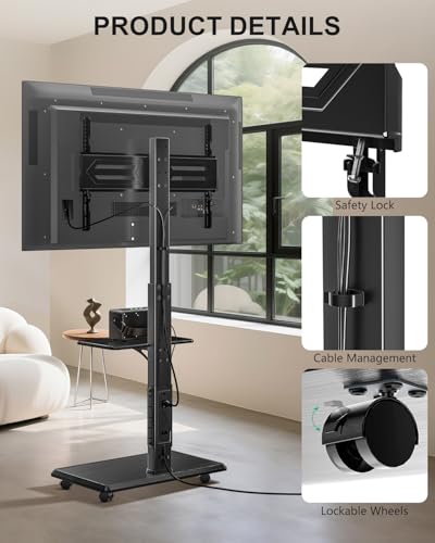 Image of WALI Rolling TV Stand with Power Outlet & AV Shelf, Mobile Tall TV Stand Mount on Wheels for 34-75 inch TV up to 110 lbs, Swivel Height Adjustable TV Cart with Wood Base for Bedroom(TVDVD-6PR), Black
