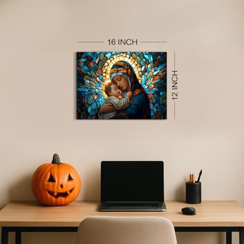Image of Virgin Mary Wall Art for Living Room Our Lady Hold Baby Jesus Pictures Wall Decor Retro Abstract Guadalupe Canvas Prints Spiritual Catholic Painting Artwork Bedroom Church Home Decorations 12x16 inch
