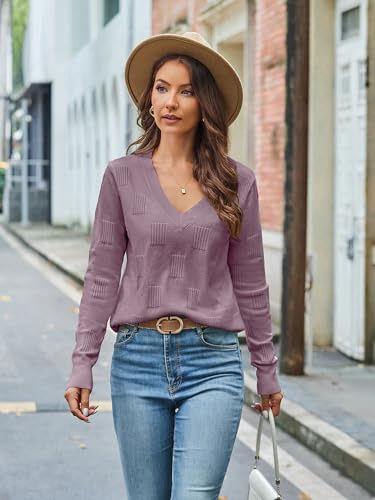Licemere XRKJ817 Sweaters For Women Trendy Fall Fashion 2024 Womens Long Sleeve Tops Shirts Blouses V Neck Casual Lightweight Women'S Pullover Sweater Grey Purple thumb #1