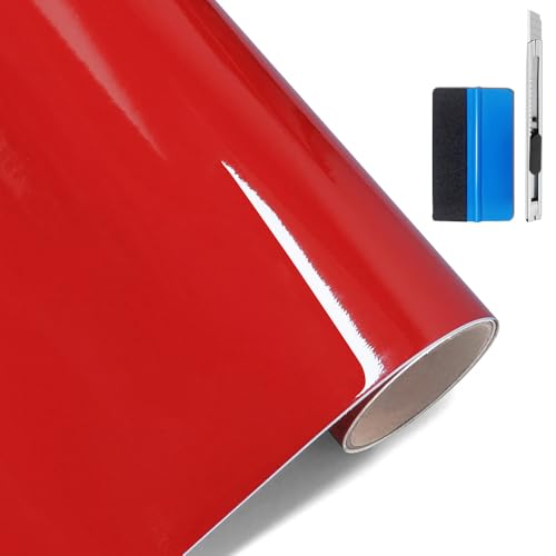 Image of LZLRUN High Gloss Vinyl Realistic Paint Wrap Roll Car Sticker Film Decal Bubble Free Come with Installation Tool Set (Red, 1ft x 5ft)