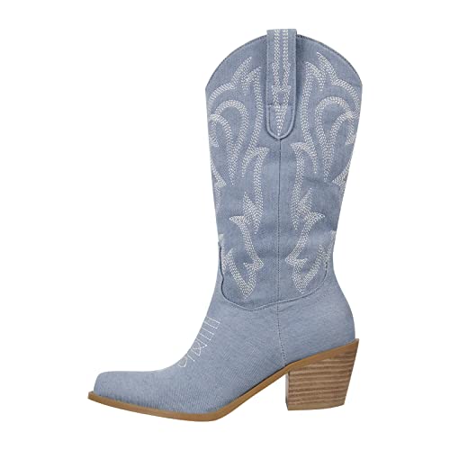 richealnini Women's Cowgirl Cowboy Boots Pull On Tab Embroidered Mid Calf Booties Western Boots in Denim2