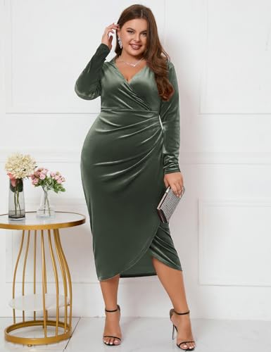 Image of ZOMVA Plus Size Velvet Wrap Dress Ruched Bodycon Dress Long Sleeves Ruffle Long Elegant Party Wedding Guest Cocktail Holiday