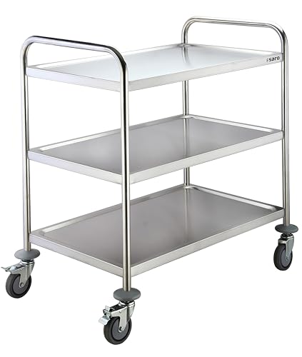 SARO BASTIAN Carro de transporte y servicio con 3 bandejas, acero inoxidable, 80 kg de carga, 4 ruedas (2 con freno), 86 x 54 x 94 cm, para gastronomía y servicio
