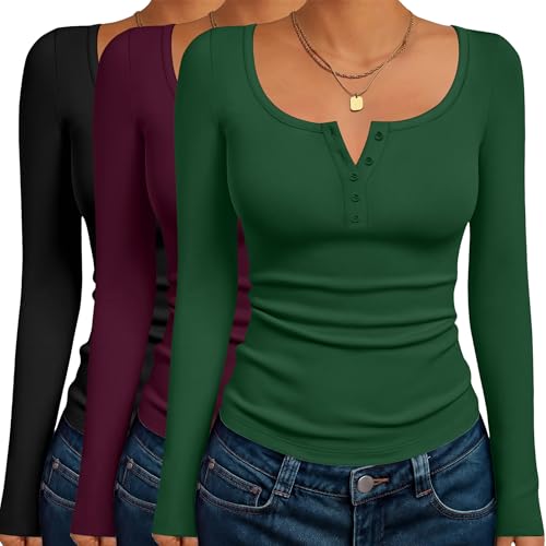 Ekouaer Women's Long Sleeve Henley T Shirts 3 Packs Fall Button Slim Fit Tops Basic Base Layer Soft Thermal Undershirts