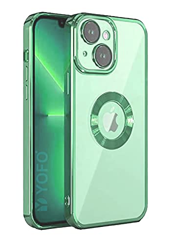 Image of YOFO Electroplated Logo View Back Cover Case for Apple iPhone 13 [6.1] (Transparent|Chrome|TPU+Poly Carbonate) (Green)