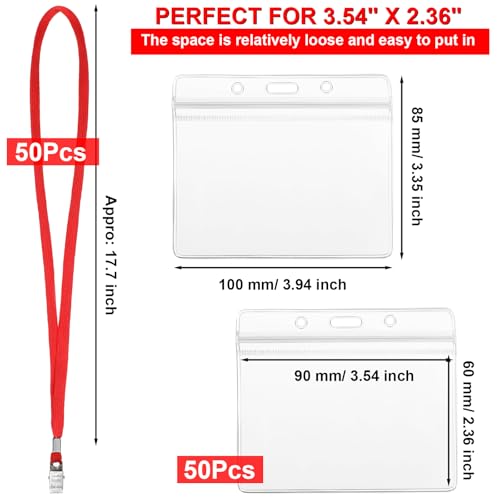 Image of Marspark 50 Sets Clear Name Tags with Lanyard, Lanyards for ID Badges Reusable Strap with ID Holder Plastic Name Badges for Adults Business School Church Conference (Red)