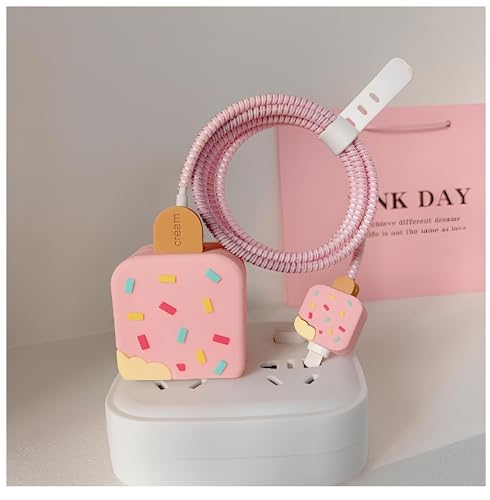Image of Cable Protector with 3D Cute Pattern for iPhone Charger only18W & 20W | Data Line Wire Saver Charger Protective Cable Full Protection Set of-1 (Pink ICE Cream)