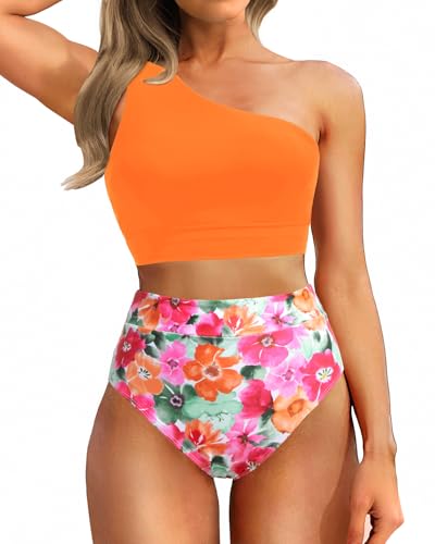 Image of Holipick Women One Shoulder High Waisted Bikini Sets Two Piece Swimsuit Tummy Control Bathing Suit Full Coverage Swimwear