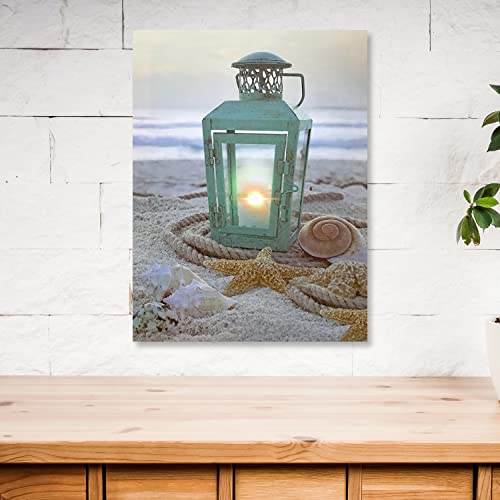 Beach Decoration - LED Canvas Print with a Teal Lantern Sitting on the Beach - Seaside with Ocean Shells and Starfish - Measures 15.75" x 11.75" - Image 3
