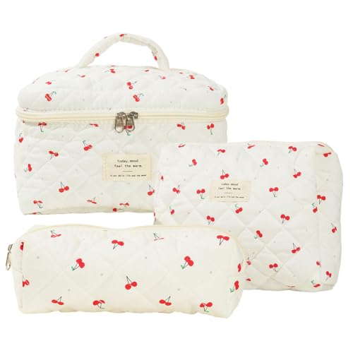 Starnearby 3 Pezzi Beauty Case da Viaggio Cotone Morbido, Borsa Cosmetica Trapuntata, Borsa da Toilette Donna, Trousse Trucchi Donna, Pochette Trucchi