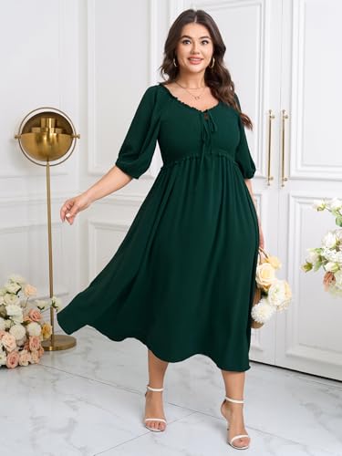 Image of CICIDUDU Women's Plus Size Maxi Dress Wedding Guest Half Sleeve V Neck Bowknot Smocked Milkmaid Flowy Dresses for Women