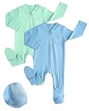 JiAmy Baby Grows Sleepsuits, Tiny Baby 100% Cotton Two-Way Zip Long Sleeve Footed Pajamas with Mitten Cuffs Blue Green 6-9 Months