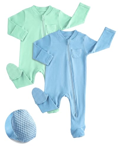 JiAmy Baby Grows Sleepsuits, Tiny Baby 100% Cotton Two-Way Zip Long Sleeve Footed Pajamas with Mitten Cuffs Blue Green 0-3 Months