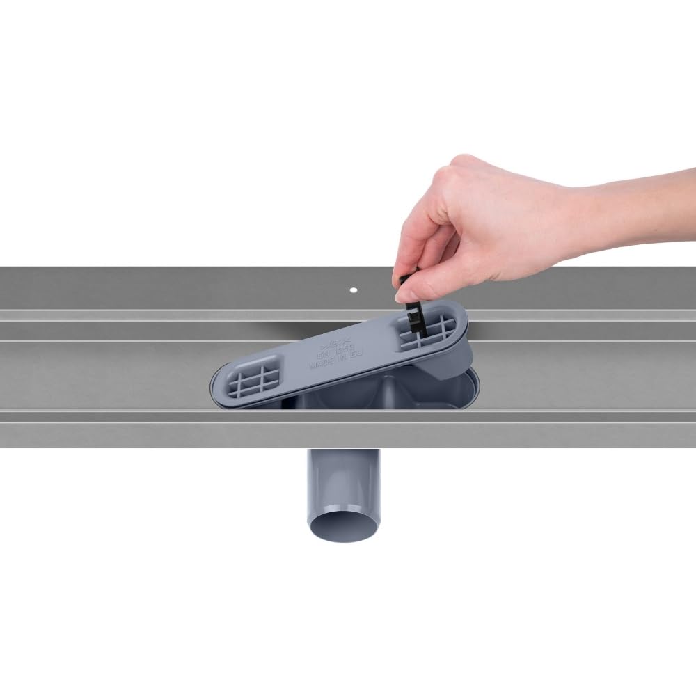 Wand-Duschrinne 100 cm, Schwarze Glasabdeckung, Edelstahl AISI 304, Siphon Ø50, Haarsieb