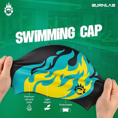 Image of Burnlab Silicone Swimming Cap for Pool Training and Daily Use, Comfortable Stretch Fit, Adult (Black Big Flame)
