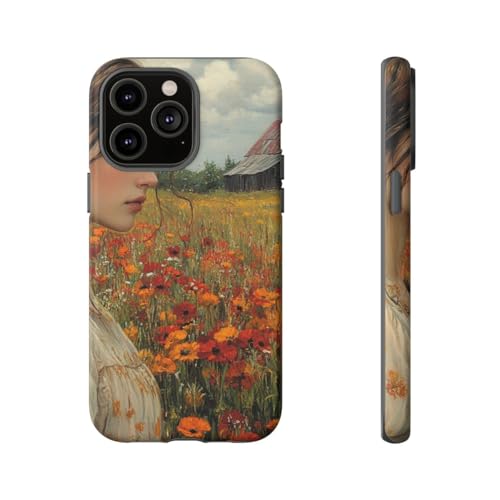 Coque iPhone 14 Pro Max jeune femme champ de fleurs grange rigide