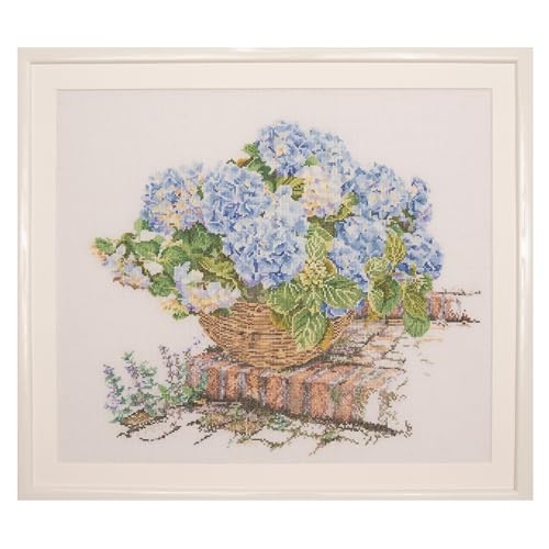 Image of Thea Gouverneur - Counted Cross Stitch Kit - Blue Hydrangea - Aida - 16 Count - Embroidery Kits for Adults - Crafts - DMC Embroidery Threads and Other Cross Stitch Supplies Included - 2046A