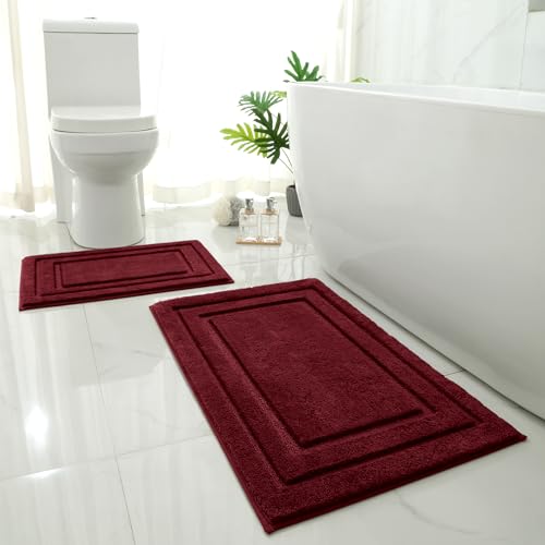 HOMEIDEAS Bathroom Rugs Sets 2 Piece Super Soft and Absorbent Non Slip Microfiber Machine Washable Bath Mat Set (20 x 32 + 16 x 24 Burgundy Red)
