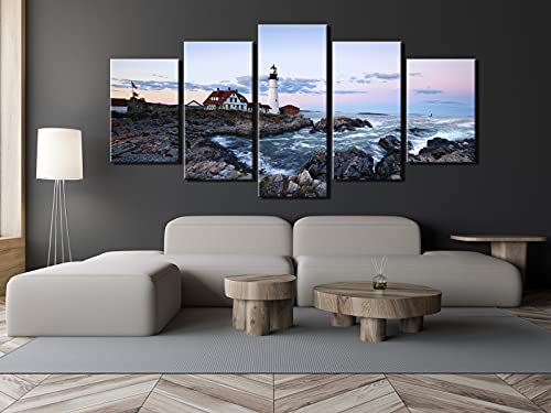 Wieco Art Portland Lighthouse 5 Piece Seascape Canvas Paintings Wall Art Extra Large Modern Ocean Sea Beach Giclee Canvas Prints Artwork Pictures Home Office Decoration For Living Room Bedroom Xl #TOP3