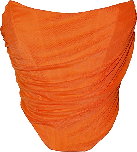 MOALLUOM Mesh Corset Crop Top Bustier Underbust Boned Backless Sleeveless Strapless Off Shoulder Aesthetic Bodyshaper for Women Y2K (Orange 4)