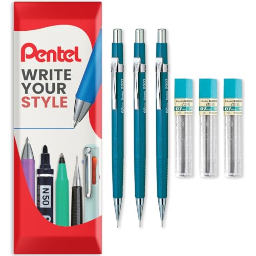 Image of Pentel P200 Series Automatic Mechanical Pencils - HB Lead - 3 x Pencils + 3 Tubes of Refill Leads - In Envelope Gift Packaging (P207 (0.7mm))