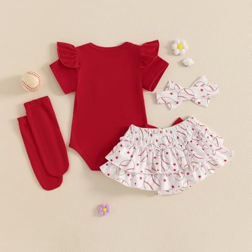 Newborn Baby Girl Baseball Outfit Short Sleeve Romper Ruffle Skirt Shorts Set Socks Hairband Summer Clothes4