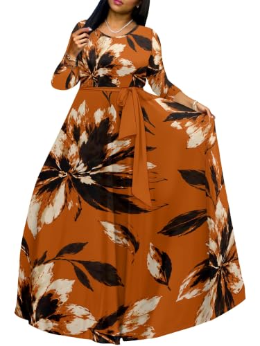 Image of Women Plus Size Long Sleeve V Neck Maxi Dress with Belt | Soft fabric relaxed fit three quarter sleeve v neck with pockets for party and daily wear