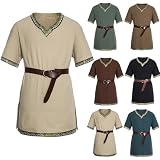 Túnica vikinga para hombre, manga corta, cuello en V, medieval, para cosplay, disfraz de guerrero de Halloween (no incluye cinturón), caqui, M