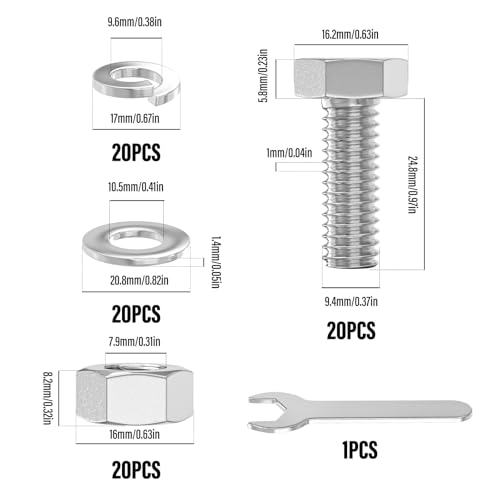 Image of 20PCS 3 /8-16 x 1 304 Stainless Steel Fully Threaded Bolt with Nut Flat & Lock Washers and Spanner