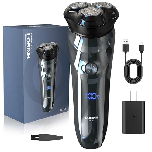 Men's Electric Shaver - LOBINH 3D Rechargeable Waterproof IPX7 Wet & Dry Shaving Electric Razor Rotary Shaver for Men with Pop-up Sideburn Trimmer,1 Hour Fast Charging, LCD Power Indicator - PA188