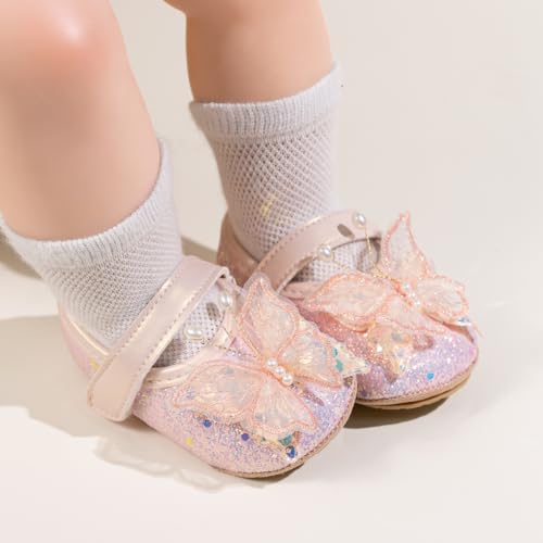 HsdsBebe Baby Girls Mary Jane Flats Non Slip Soft Sole Bowknot Princess Wedding Dress Shoes Toddler First Walkers Infant Newborn Baptism Crib Shoes(PLPL01 Pink,3)