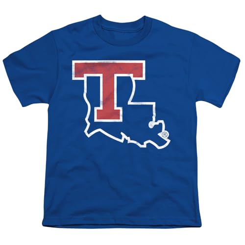 Louisiana Tech Distressed Primary Kids T Shirt for Youth Boys and Girls, Royal, Medium